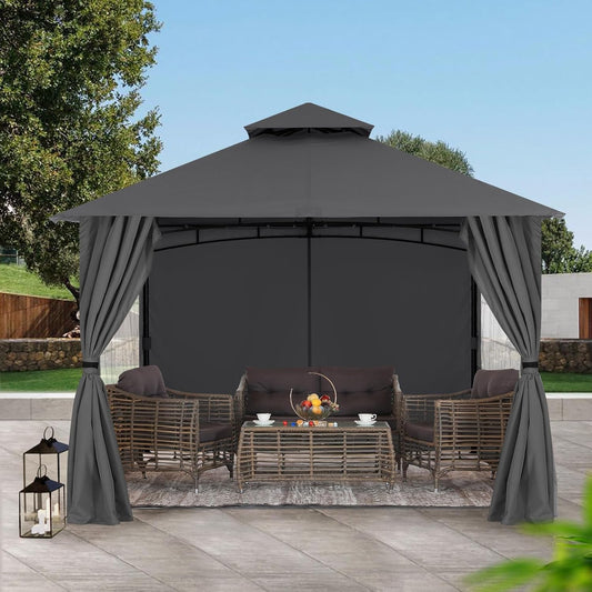 Patio Gazebo Steel Frame Outdoor Gazebo with Windows Curtains ShipItFurniture
