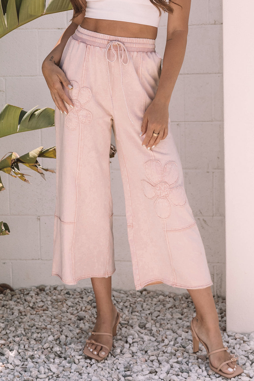 Gabriella Mineral Washed Terry Knit Cropped Wide Leg Pants Threaded Pear