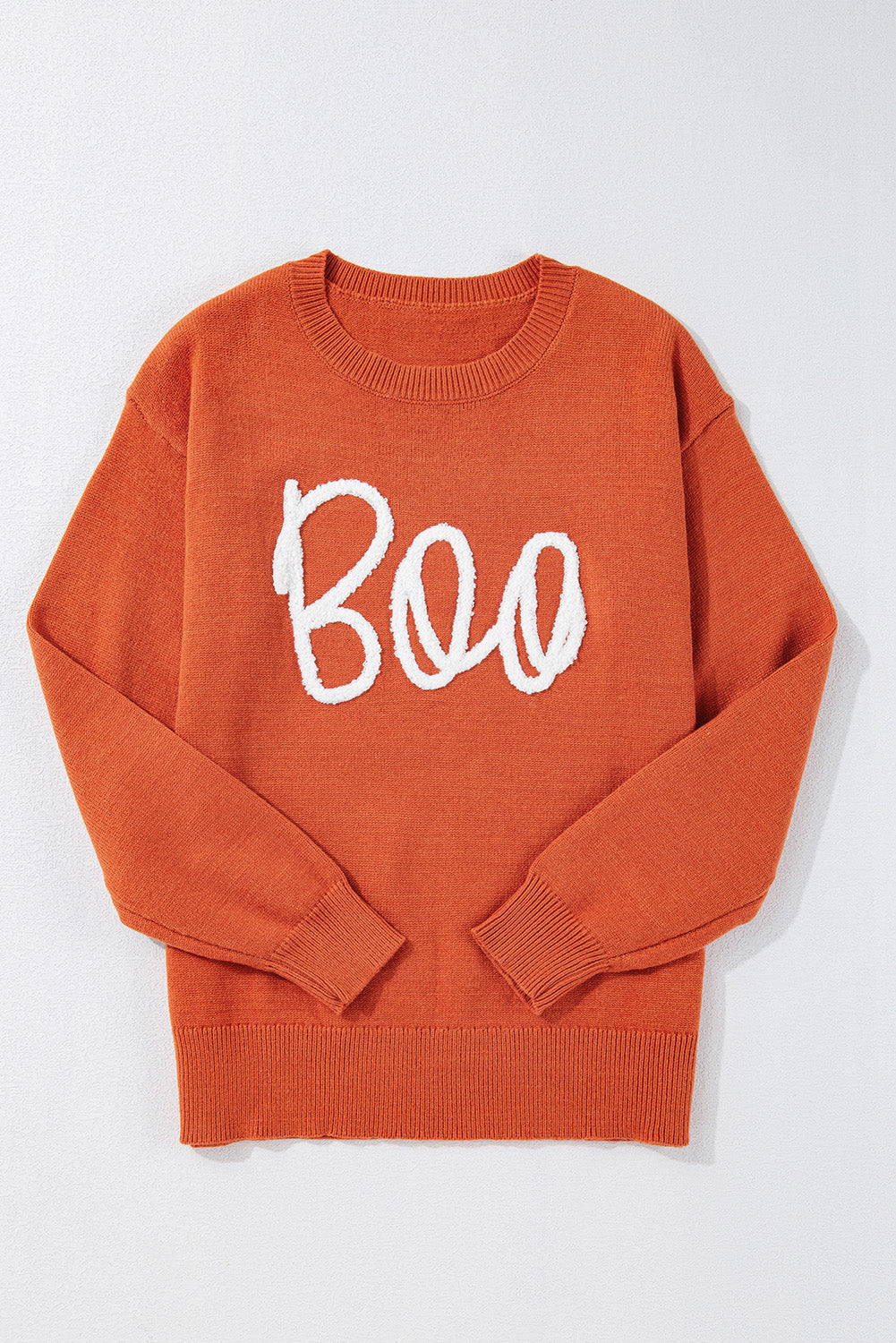 Boo Knitted Pattern Ribbed Edge Sweater Threaded Pear