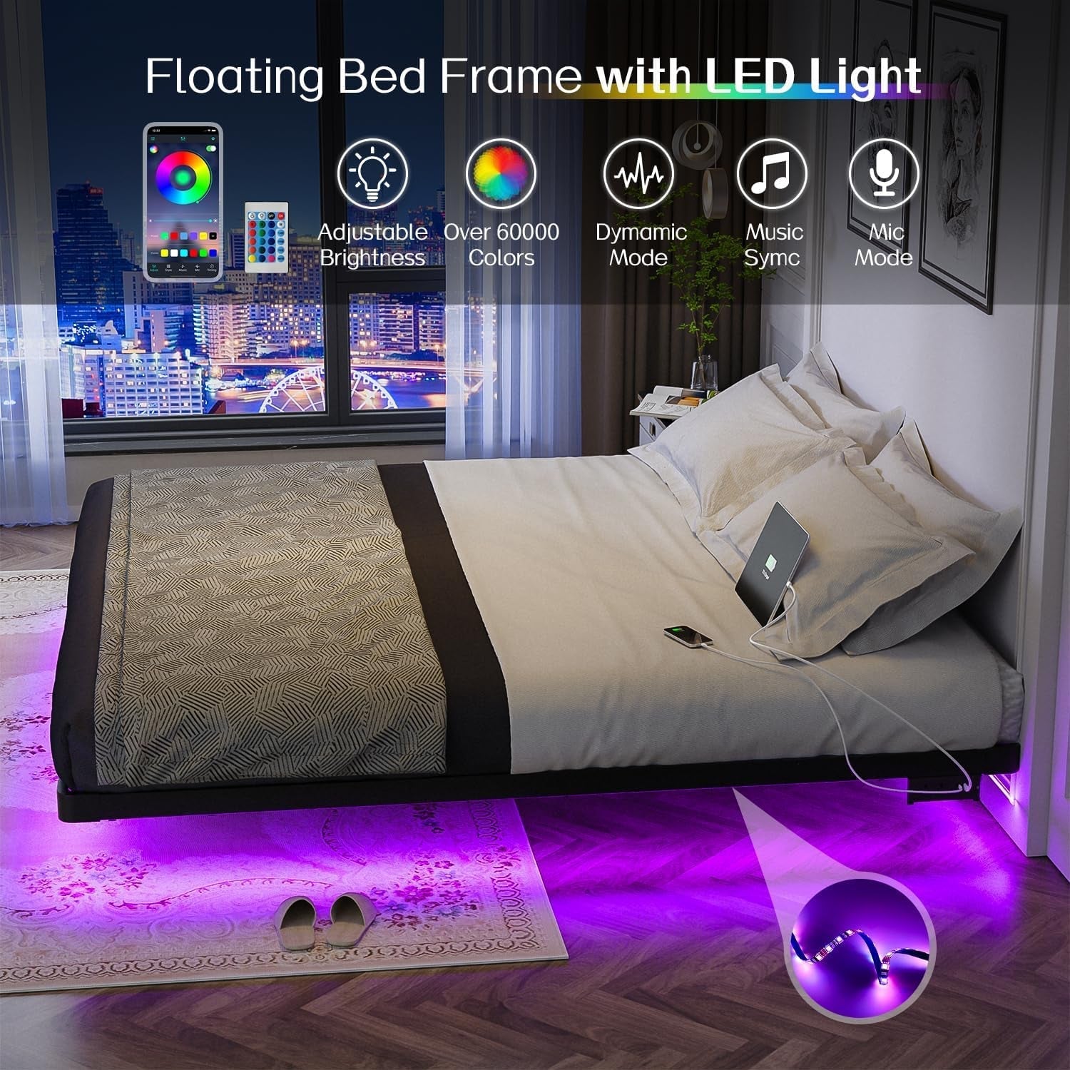 King Size Floating Bed Frame With Integrated LED Lighting ShipItFurniture