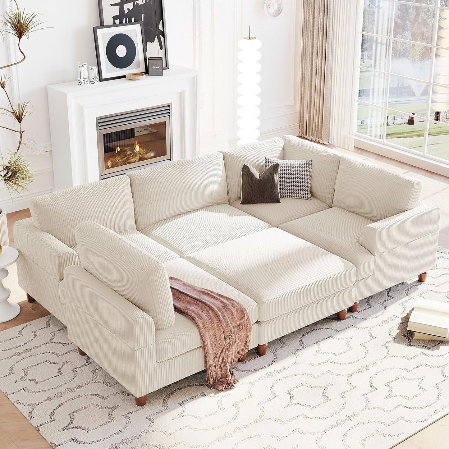 L Shaped Beige Corduroy Sectional Sofa With Ottoman ShipItFurniture