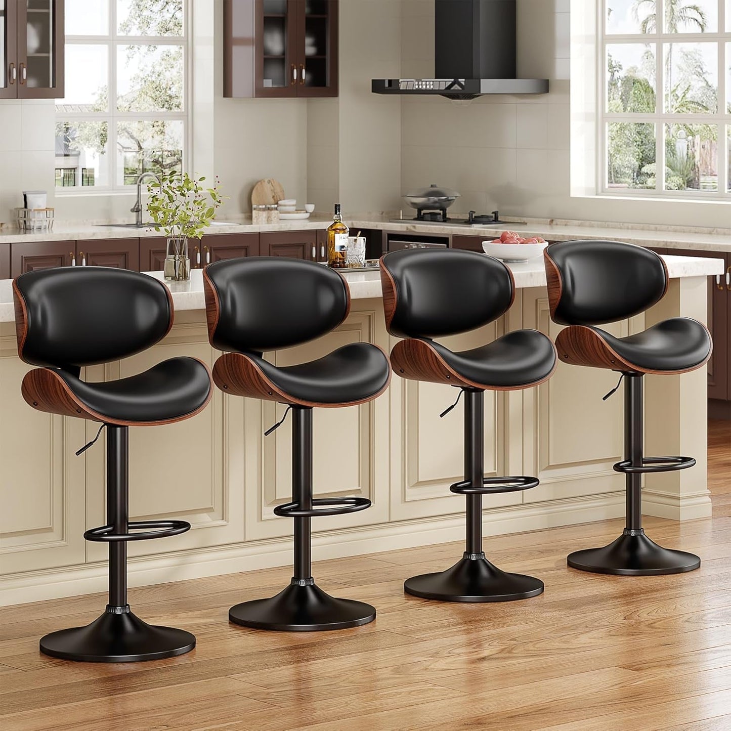 Adjustable Bentwood Bar Stools Set Of 2 PU Leather Upholstery ShipItFurniture