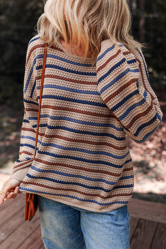 Emery Striped Knitted Drop Shoulder Round Neck Sweater Threaded Pear