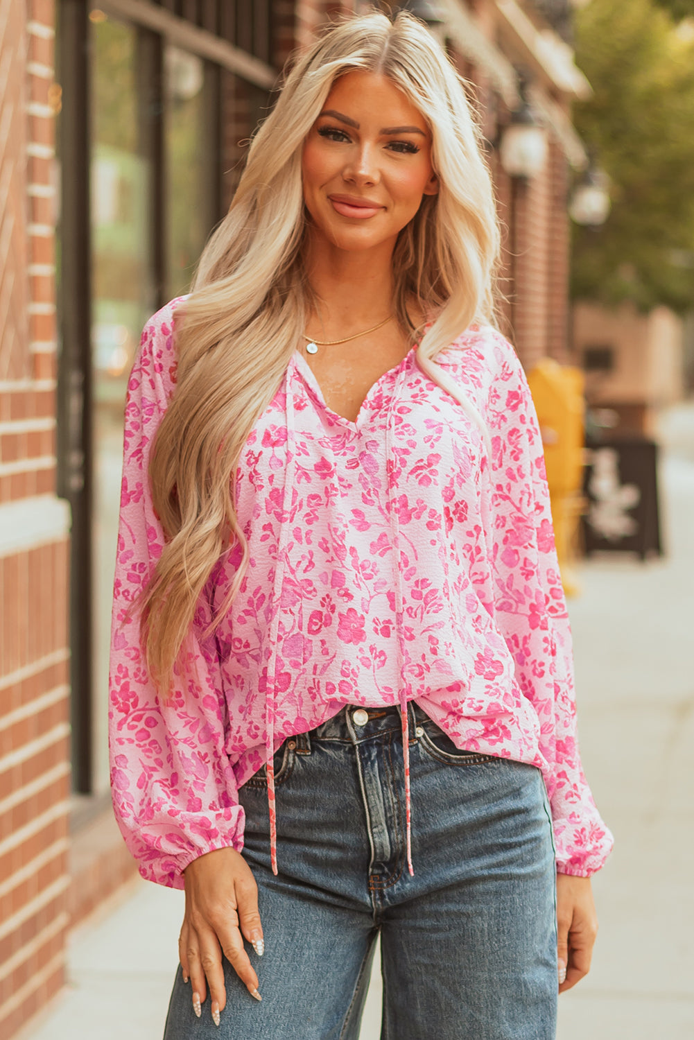 Adalyn Floral Puff Sleeve Lightweight Blouse Threaded Pear