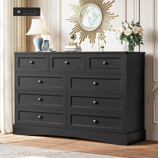 Black Dresser for Bedroom with 9 Drawers, 51.2" Large Drawer Dresser with Charging Station, Wide Farmhouse Dresser Chest of Drawers, Wooden Storage Tower Organizer, Dresser for Bedroom Closet ShipItFurniture