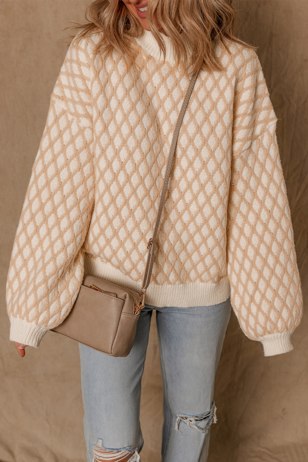 Ximena Rhombus Textured Knit Sweater Threaded Pear