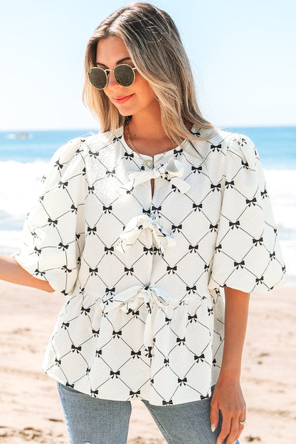 Ezra Bowknot Print Front Knots Bubble Sleeve Blouse