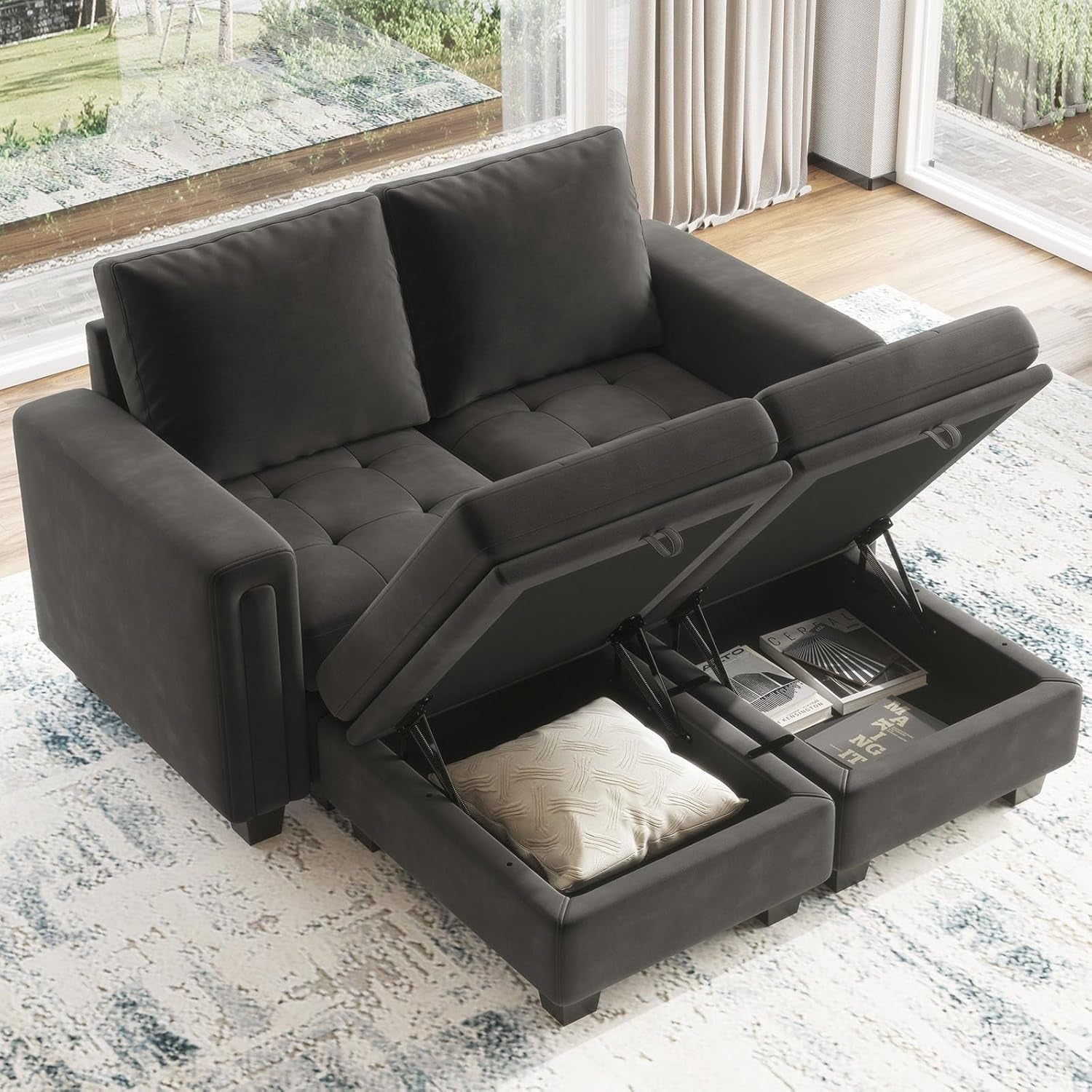 Grey Velvet Modular Sectional Sofa With Storage And Sleeper ShipItFurniture