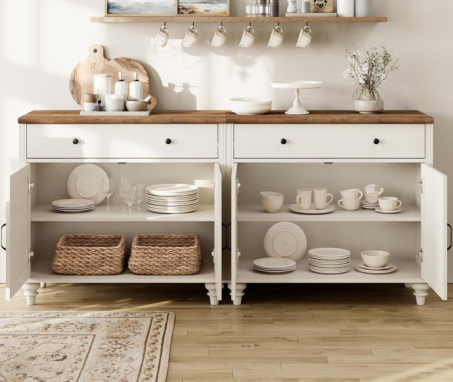 Farmhouse TV Stand For 75 Inch TV Off White 8 Doors