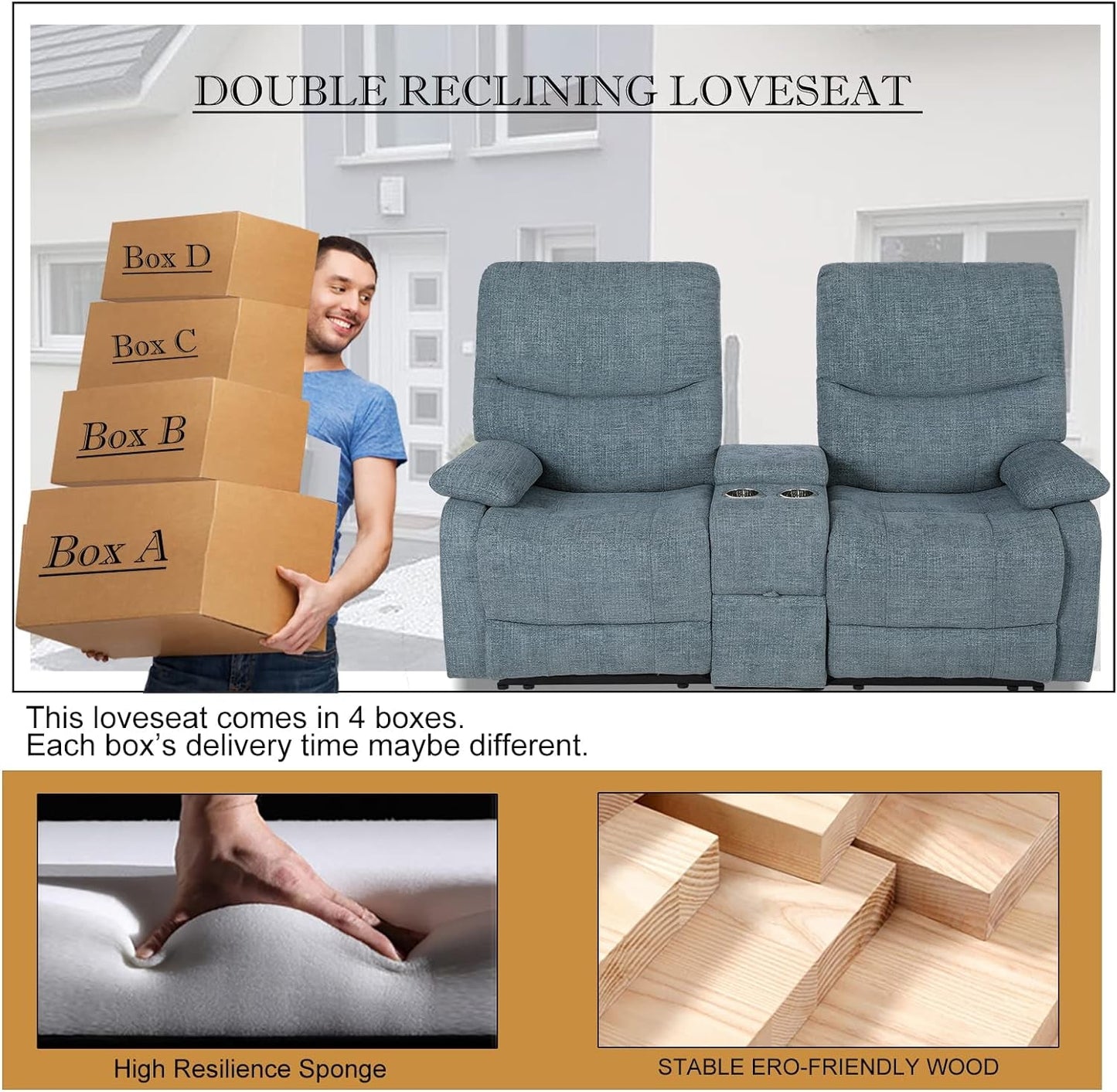 Blue Fabric Double Reclining Loveseat With Console ShipItFurniture