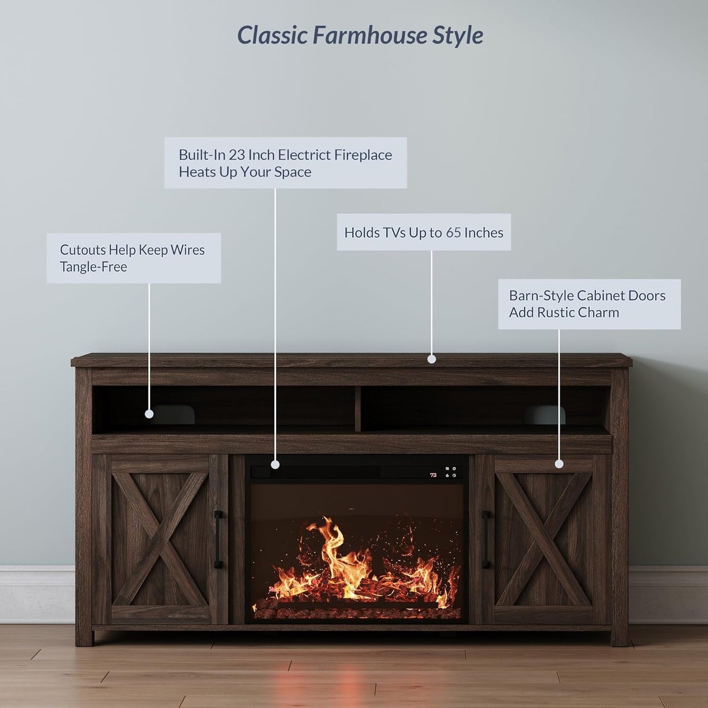 65 Inch Electric Fireplace TV Stand Modern Farmhouse Design ShipItFurniture