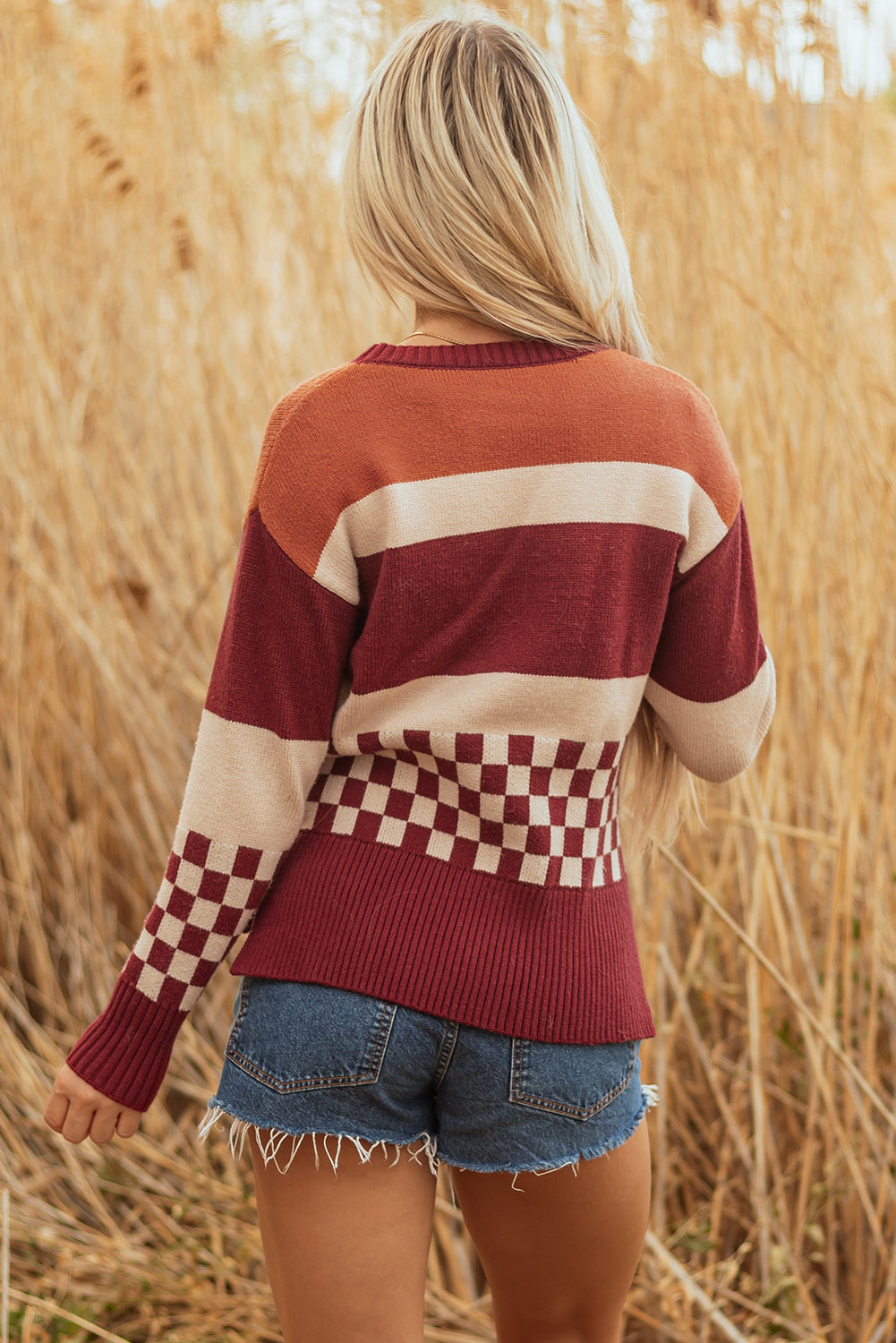 Noelle Checkered Knitted Sweater Threaded Pear