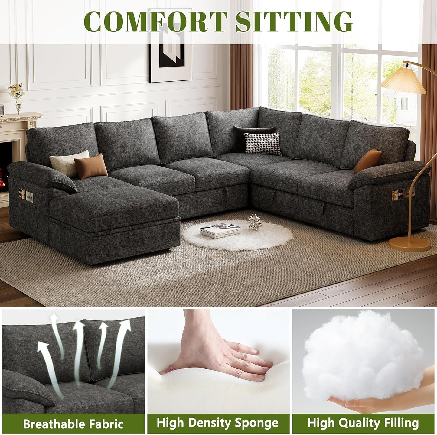 108 Inch Modular Sectional Sleeper Sofa CharcoalGrey ShipItFurniture