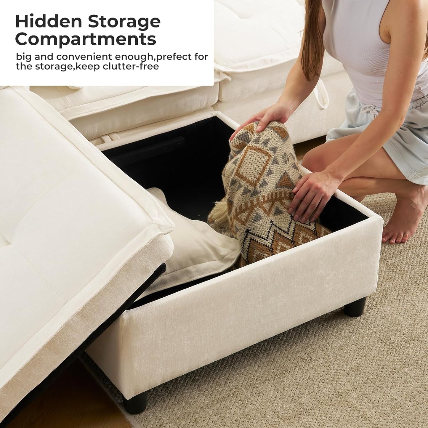 White OneThirtyThreeInch Modular Sectional Sofa Hidden Storage ShipItFurniture