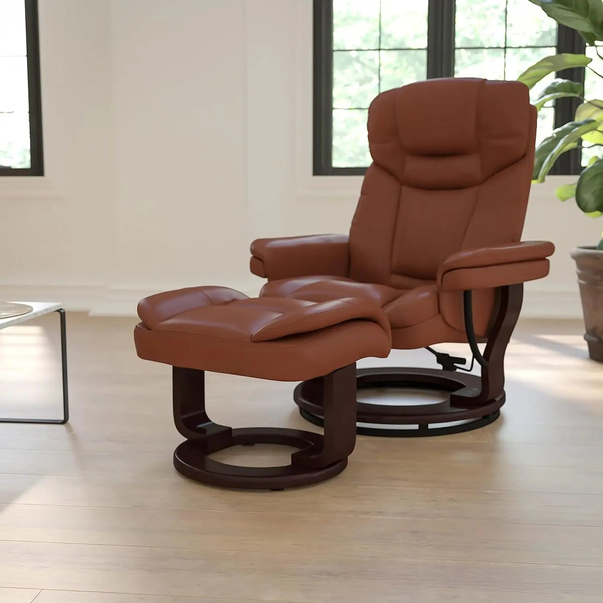 Allie Leathersoft Upholstered Recliner With Ottoman Brown - Get it from Bo