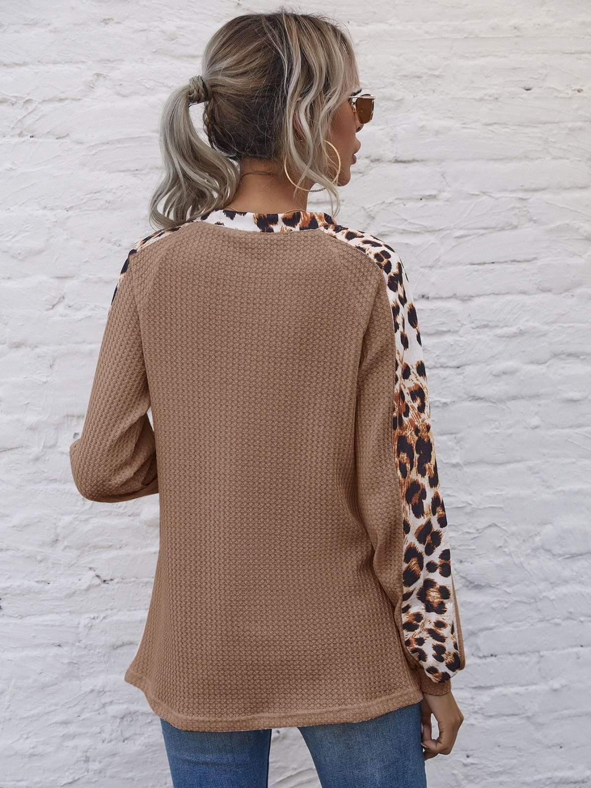 Leopard Panel Waffle Knit V Neck Sweater Anna-Kaci Wholesale
