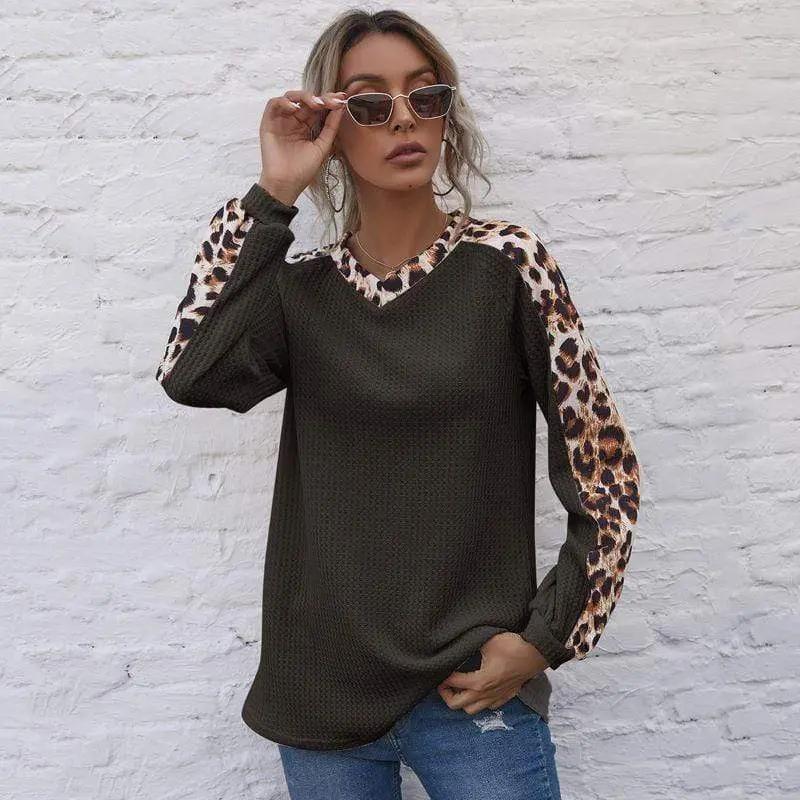 Leopard Panel Waffle Knit V Neck Sweater Anna-Kaci Wholesale