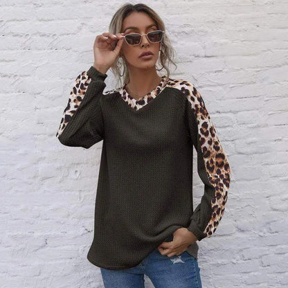 Leopard Panel Waffle Knit V Neck Sweater Anna-Kaci Wholesale