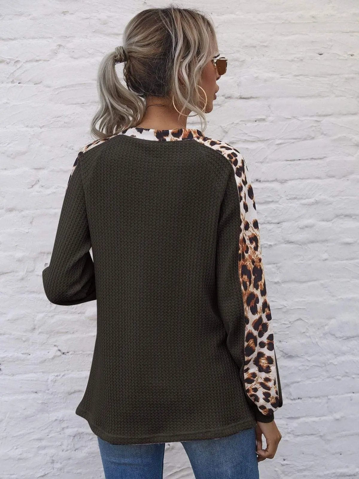 Leopard Panel Waffle Knit V Neck Sweater Anna-Kaci Wholesale