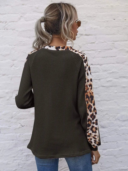 Leopard Panel Waffle Knit V Neck Sweater Anna-Kaci Wholesale