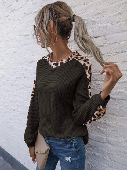 Leopard Panel Waffle Knit V Neck Sweater Anna-Kaci Wholesale