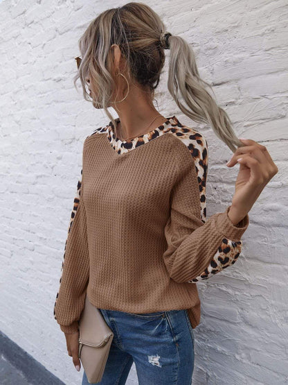 Leopard Panel Waffle Knit V Neck Sweater Anna-Kaci Wholesale