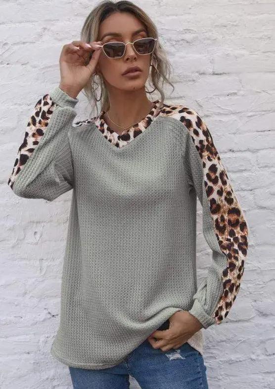 Leopard Panel Waffle Knit V Neck Sweater Anna-Kaci Wholesale