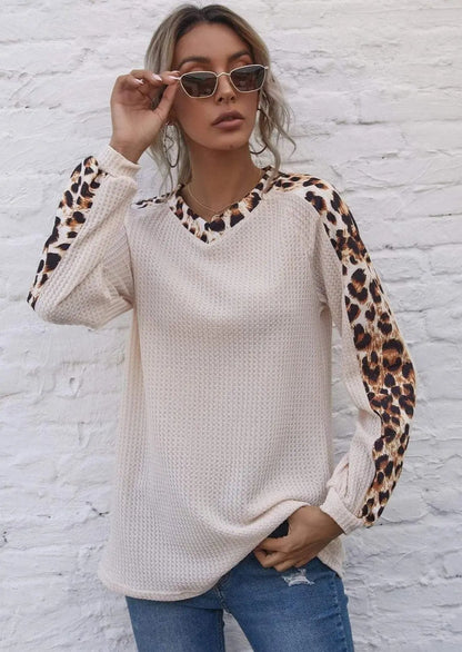 Leopard Panel Waffle Knit V Neck Sweater Anna-Kaci Wholesale