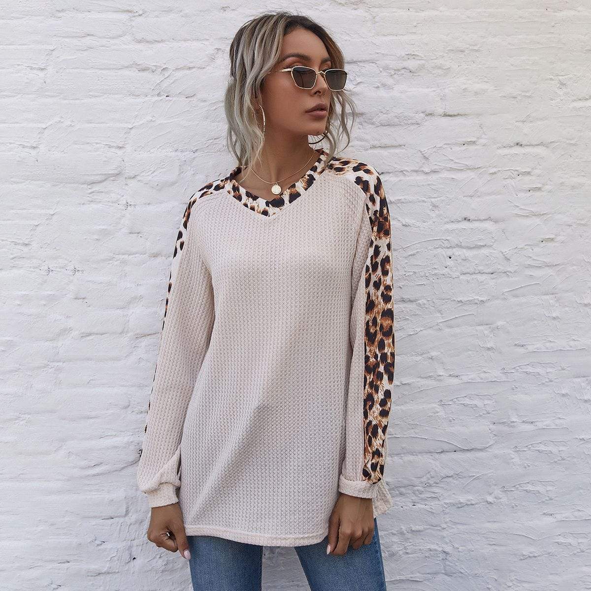 Leopard Panel Waffle Knit V Neck Sweater Anna-Kaci Wholesale