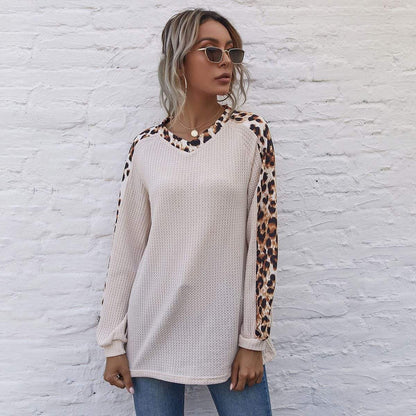 Leopard Panel Waffle Knit V Neck Sweater Anna-Kaci Wholesale