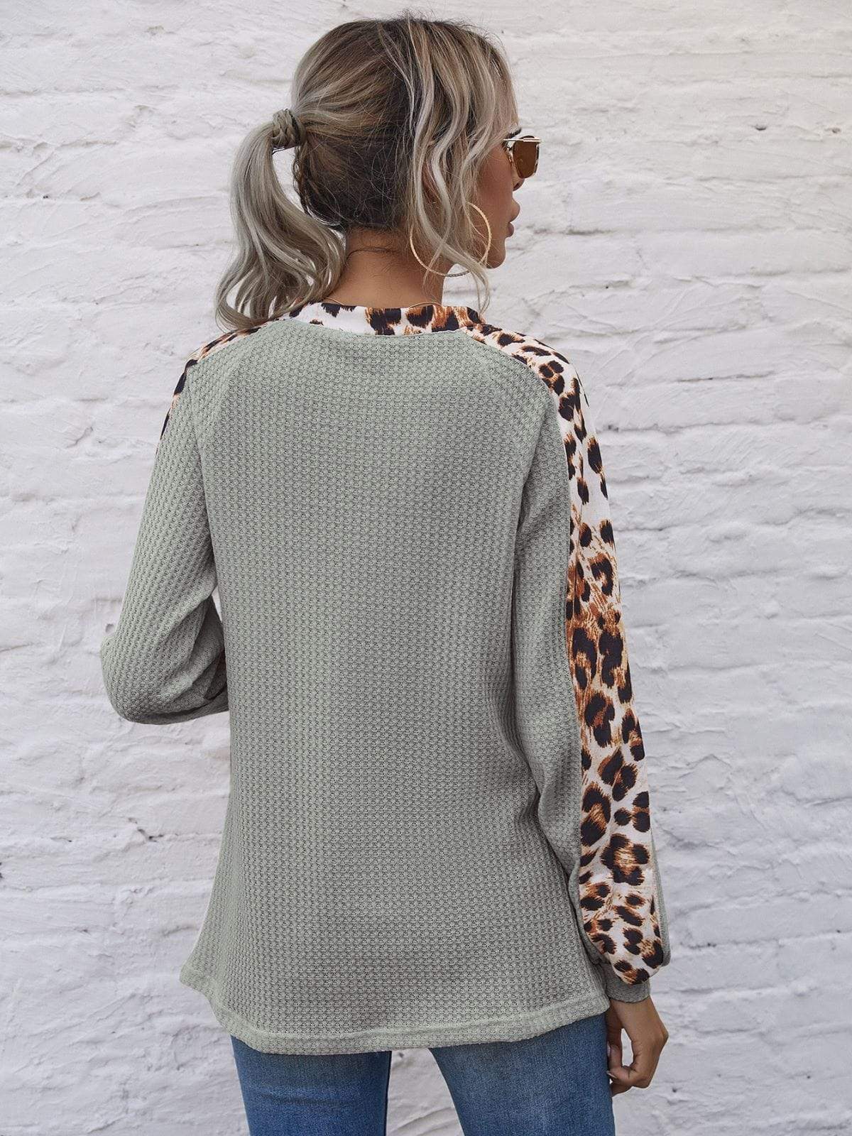 Leopard Panel Waffle Knit V Neck Sweater Anna-Kaci Wholesale