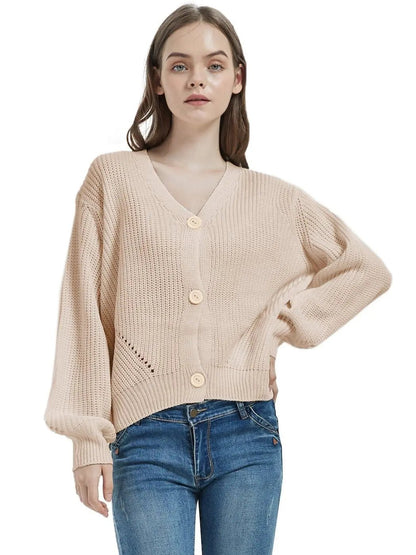 Women Lantern Sleeve Cardigan Button Down Open Front Knit Sweater Coat
