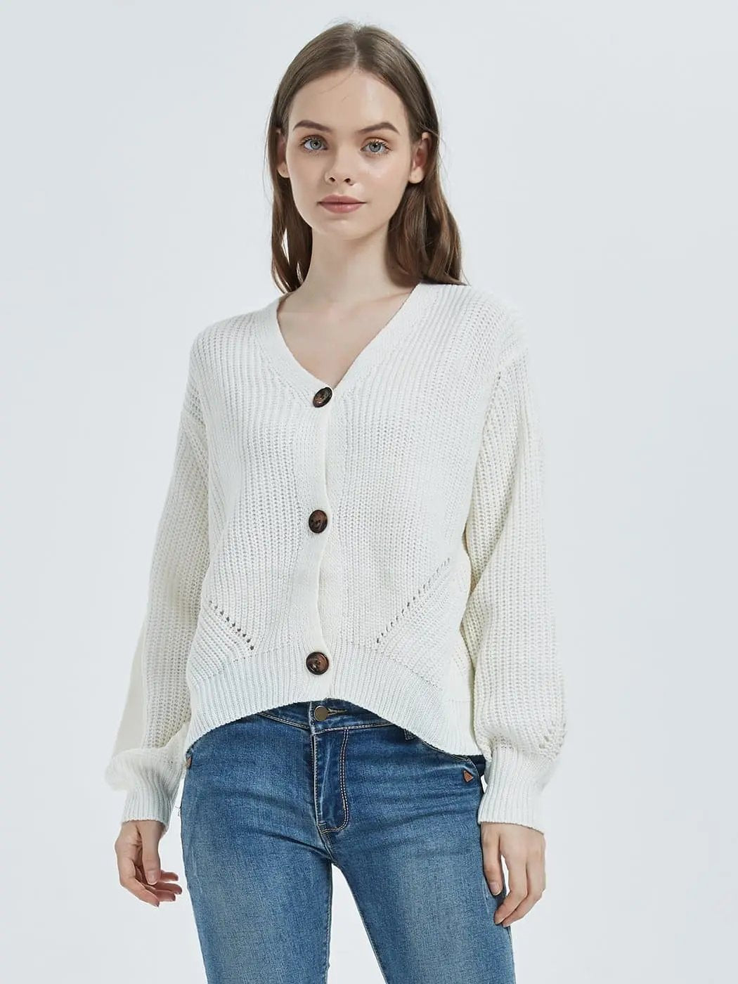 Women Lantern Sleeve Cardigan Button Down Open Front Knit Sweater Coat