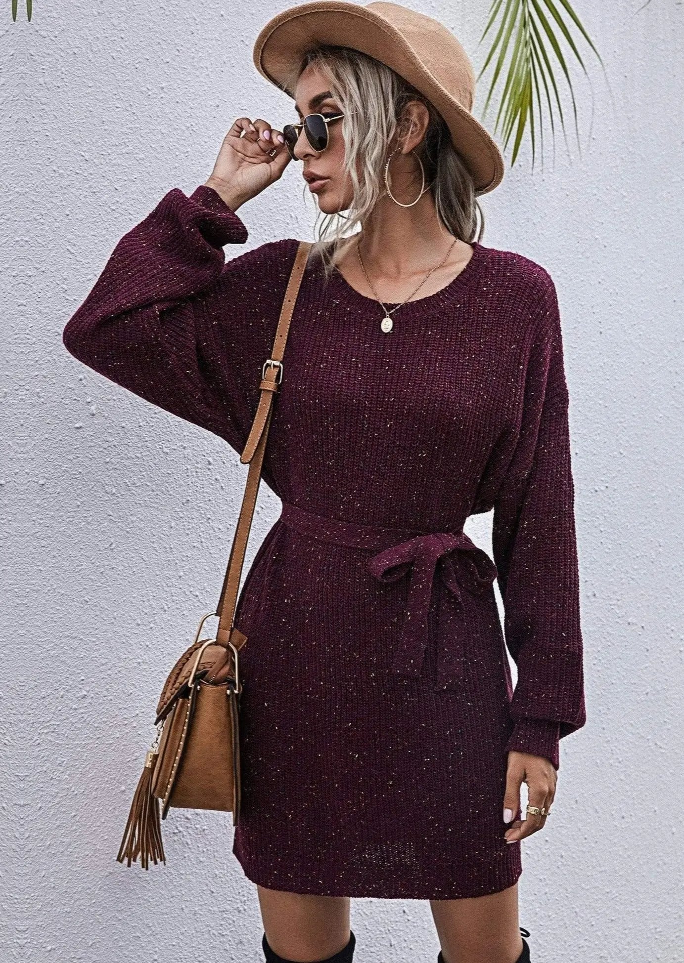 Textured Tie Waist Sweater Dress Anna-Kaci Wholesale