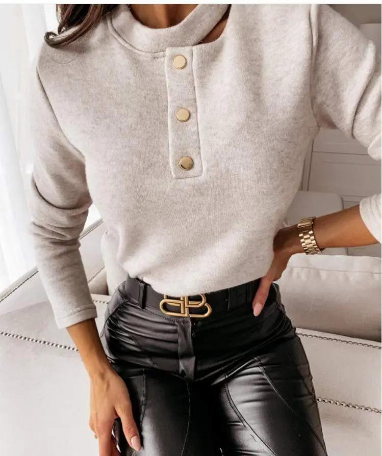 Choker Neck Contrast Button Sweater Anna-Kaci Wholesale