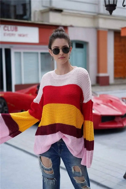 Striped Color Block Light Knit Sweater Anna-Kaci Wholesale