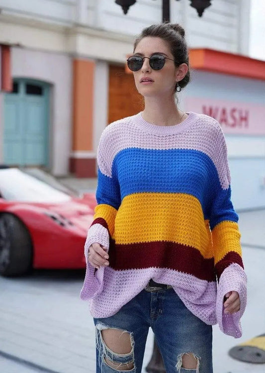 Striped Color Block Light Knit Sweater Anna-Kaci Wholesale
