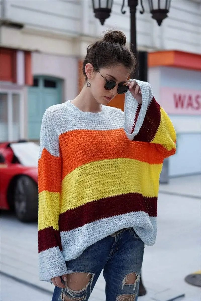 Striped Color Block Light Knit Sweater Anna-Kaci Wholesale