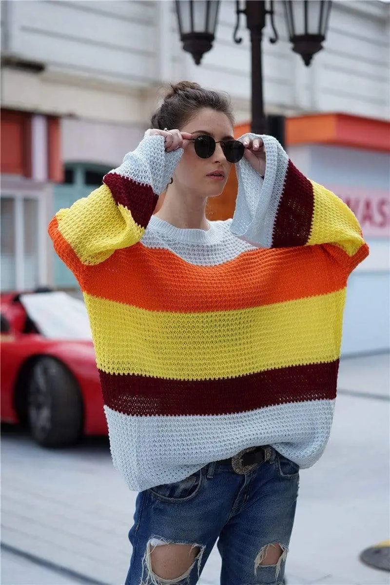 Striped Color Block Light Knit Sweater Anna-Kaci Wholesale