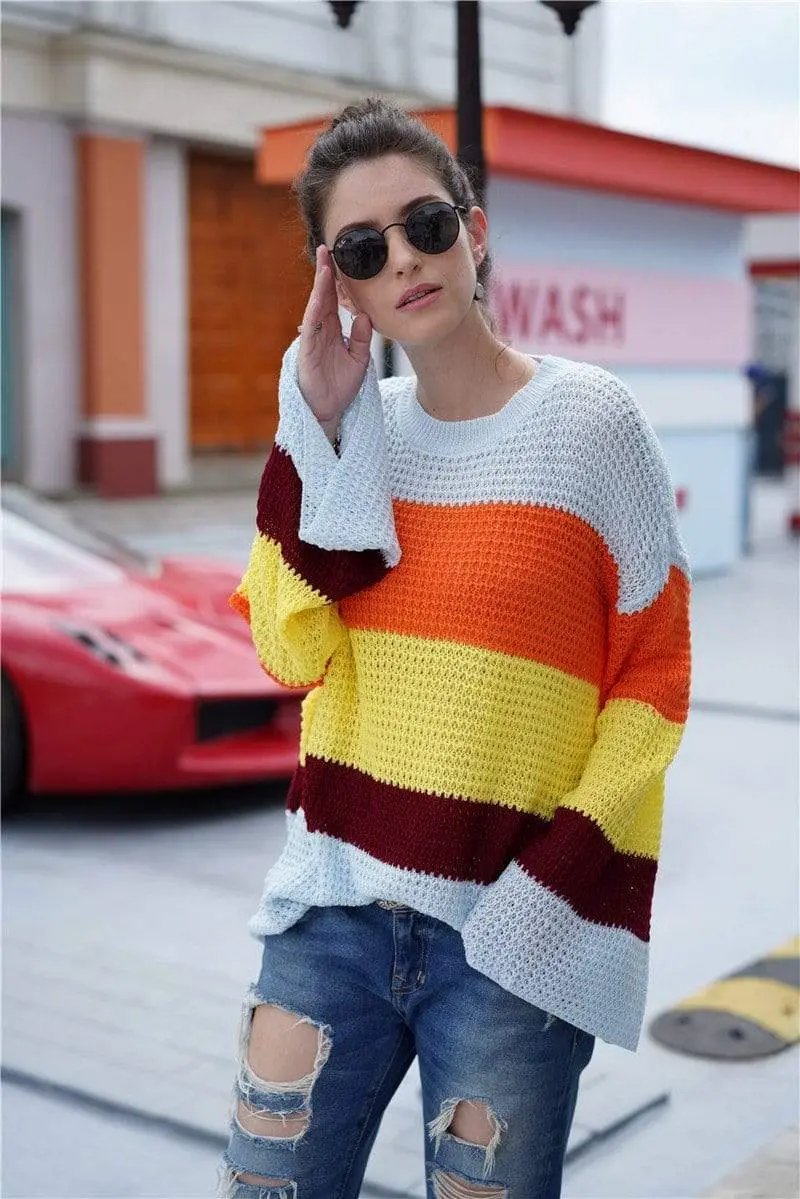 Striped Color Block Light Knit Sweater Anna-Kaci Wholesale