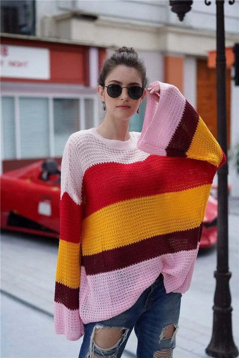 Striped Color Block Light Knit Sweater Anna-Kaci Wholesale