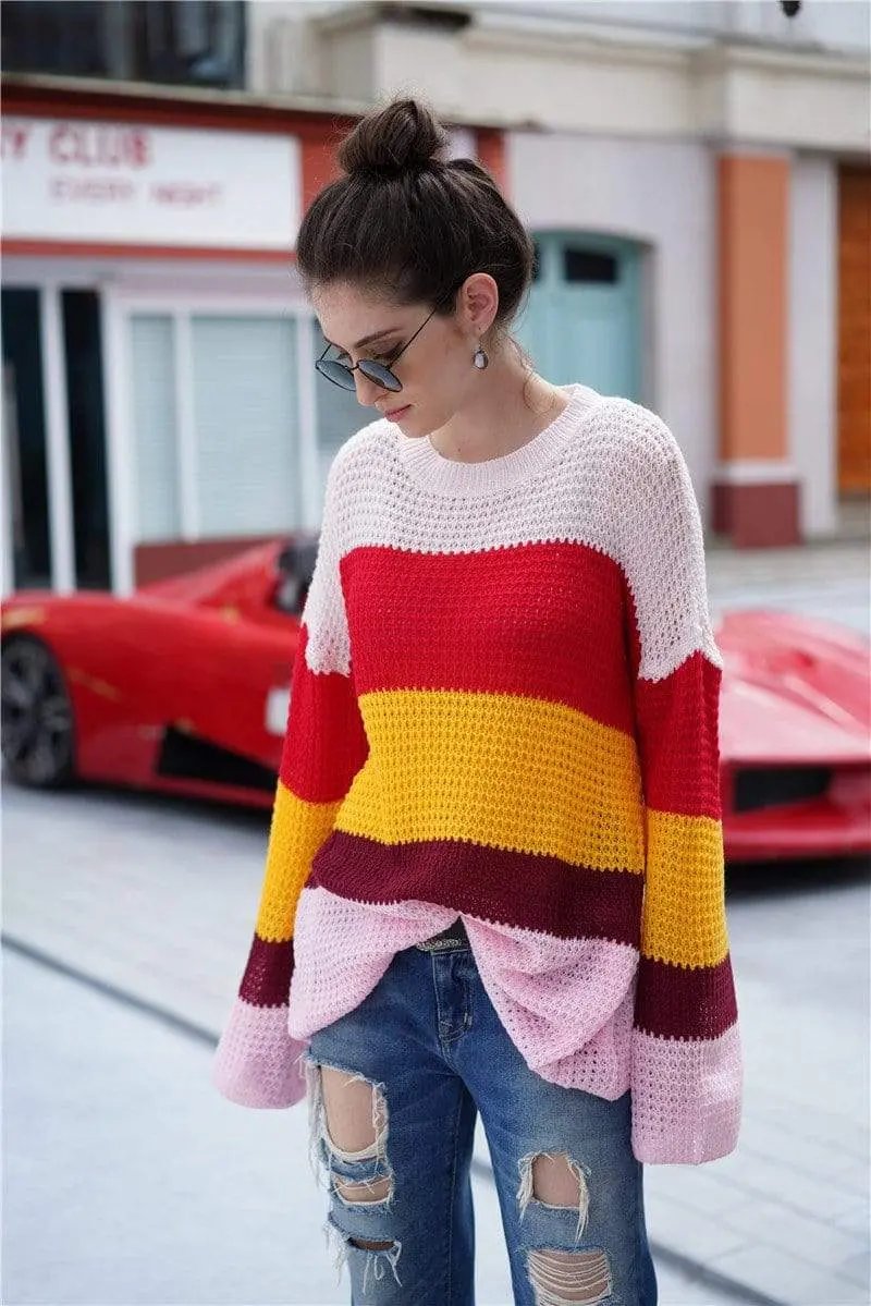 Striped Color Block Light Knit Sweater Anna-Kaci Wholesale