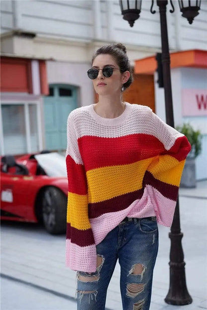 Striped Color Block Light Knit Sweater Anna-Kaci Wholesale