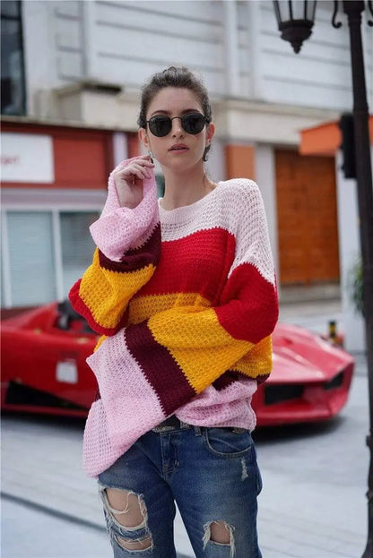 Striped Color Block Light Knit Sweater Anna-Kaci Wholesale