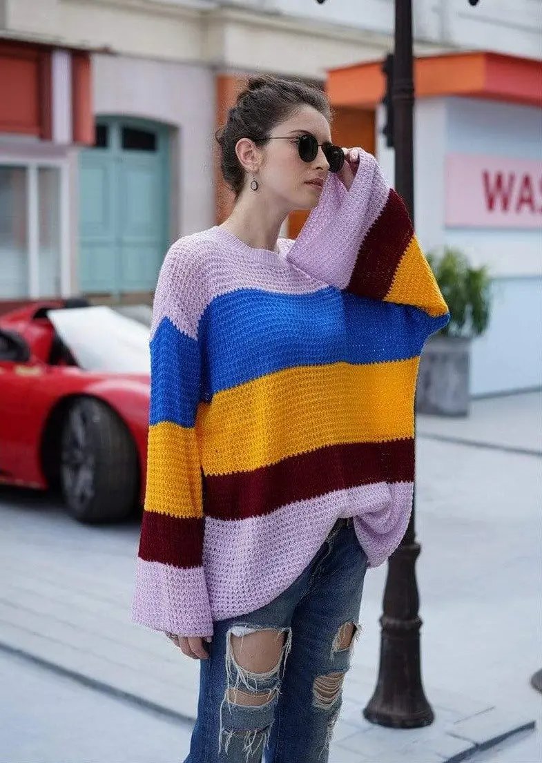 Striped Color Block Light Knit Sweater Anna-Kaci Wholesale