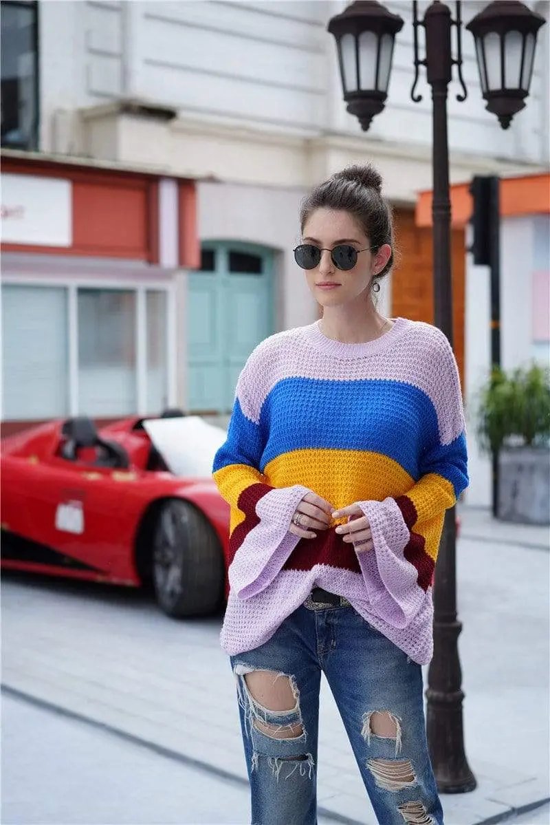 Striped Color Block Light Knit Sweater Anna-Kaci Wholesale
