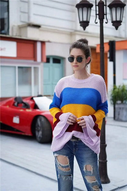 Striped Color Block Light Knit Sweater Anna-Kaci Wholesale