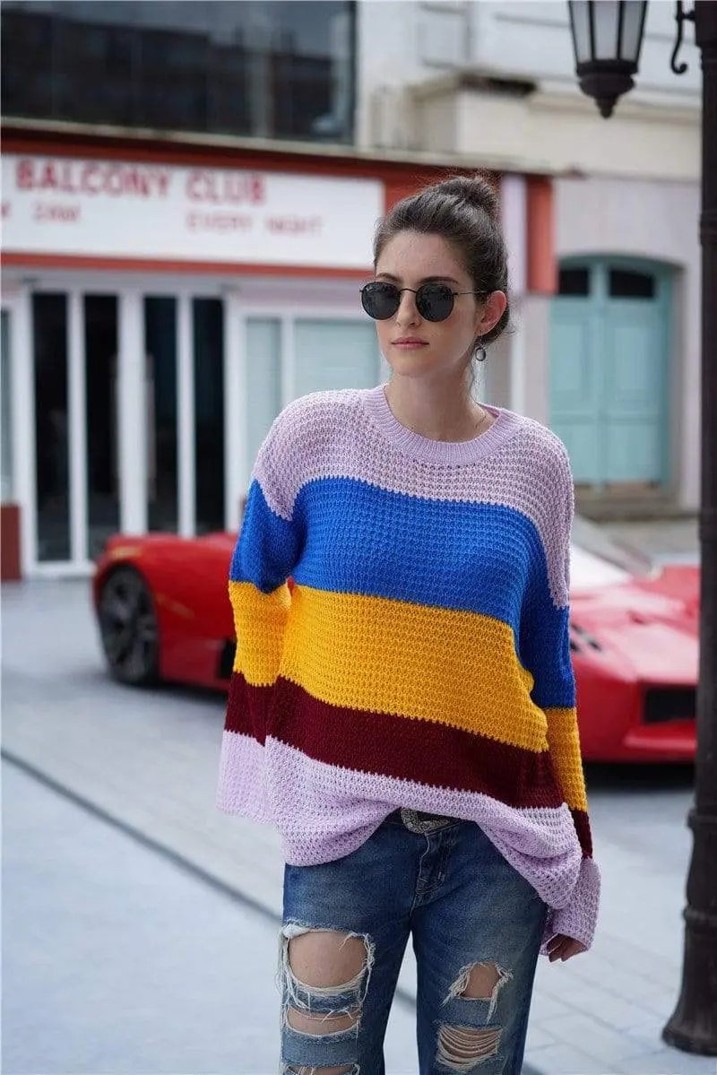 Striped Color Block Light Knit Sweater Anna-Kaci Wholesale