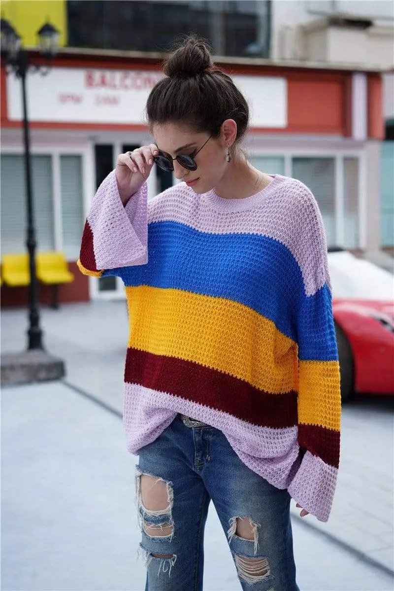 Striped Color Block Light Knit Sweater Anna-Kaci Wholesale