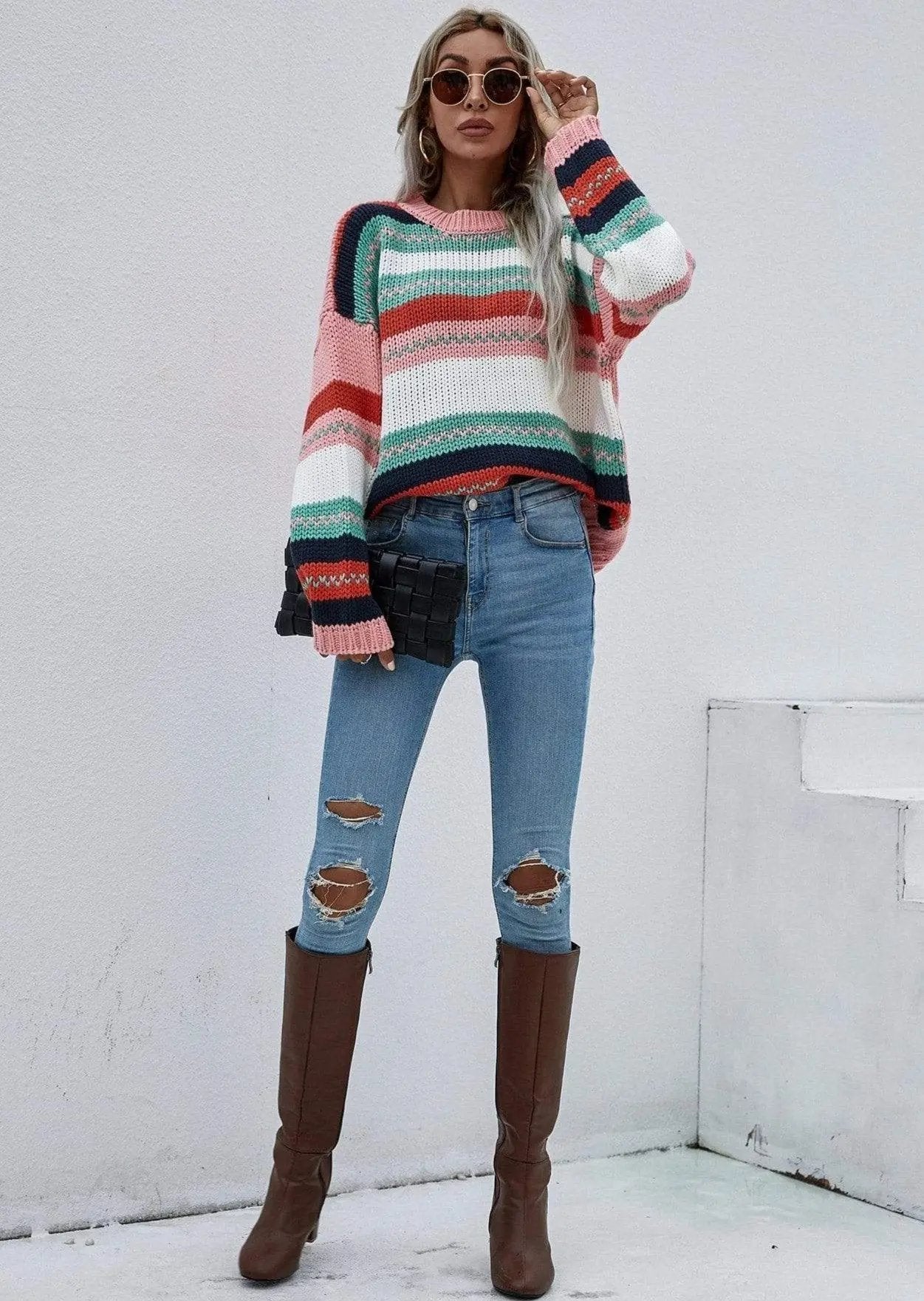 Striped Knitted Long Sleeve Sweater Anna-Kaci Wholesale